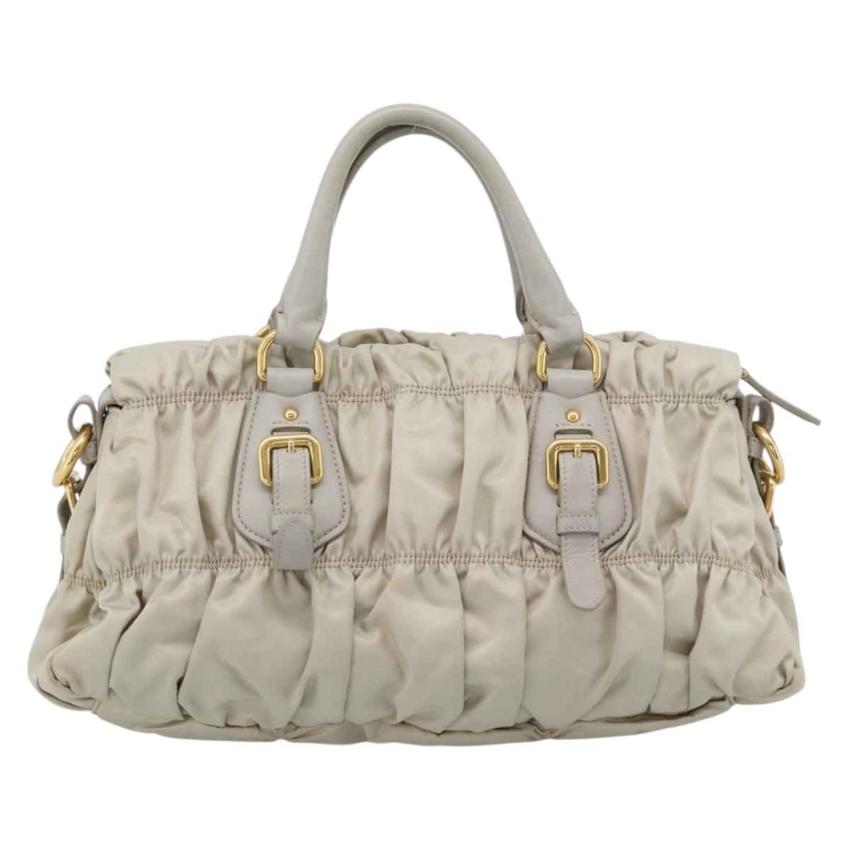 PRADA Gathered Hand Bag Nylon Beige Gold Auth 185921
