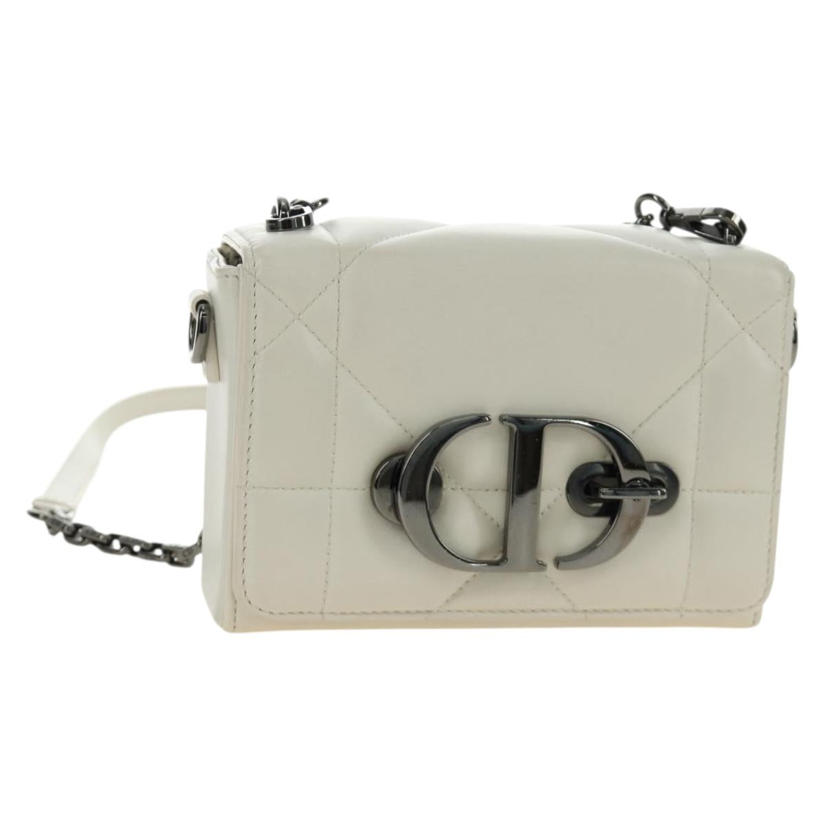 Christian Dior Canage Caro Shoulder Bag Lamb Skin White Silver Auth 185922SM