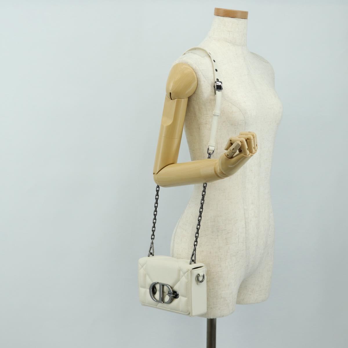 Christian Dior Canage Caro Shoulder Bag Lamb Skin White Silver Auth 185922SM