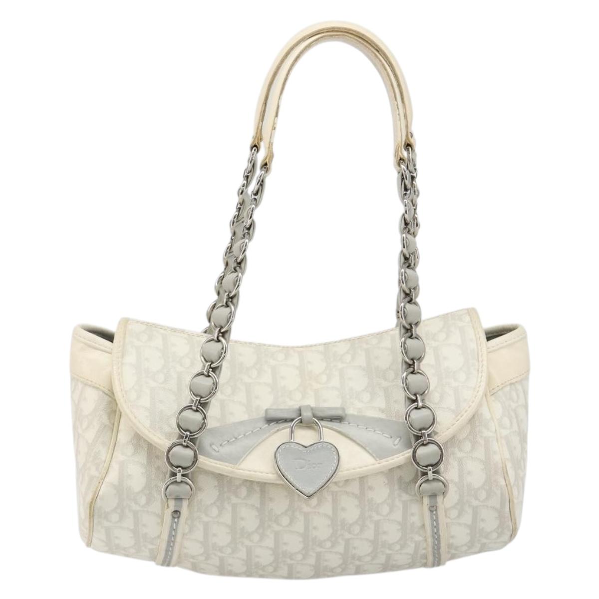 Christian Dior Trotter Canvas Romantic Hand Bag PVC White Silver Auth 185924A