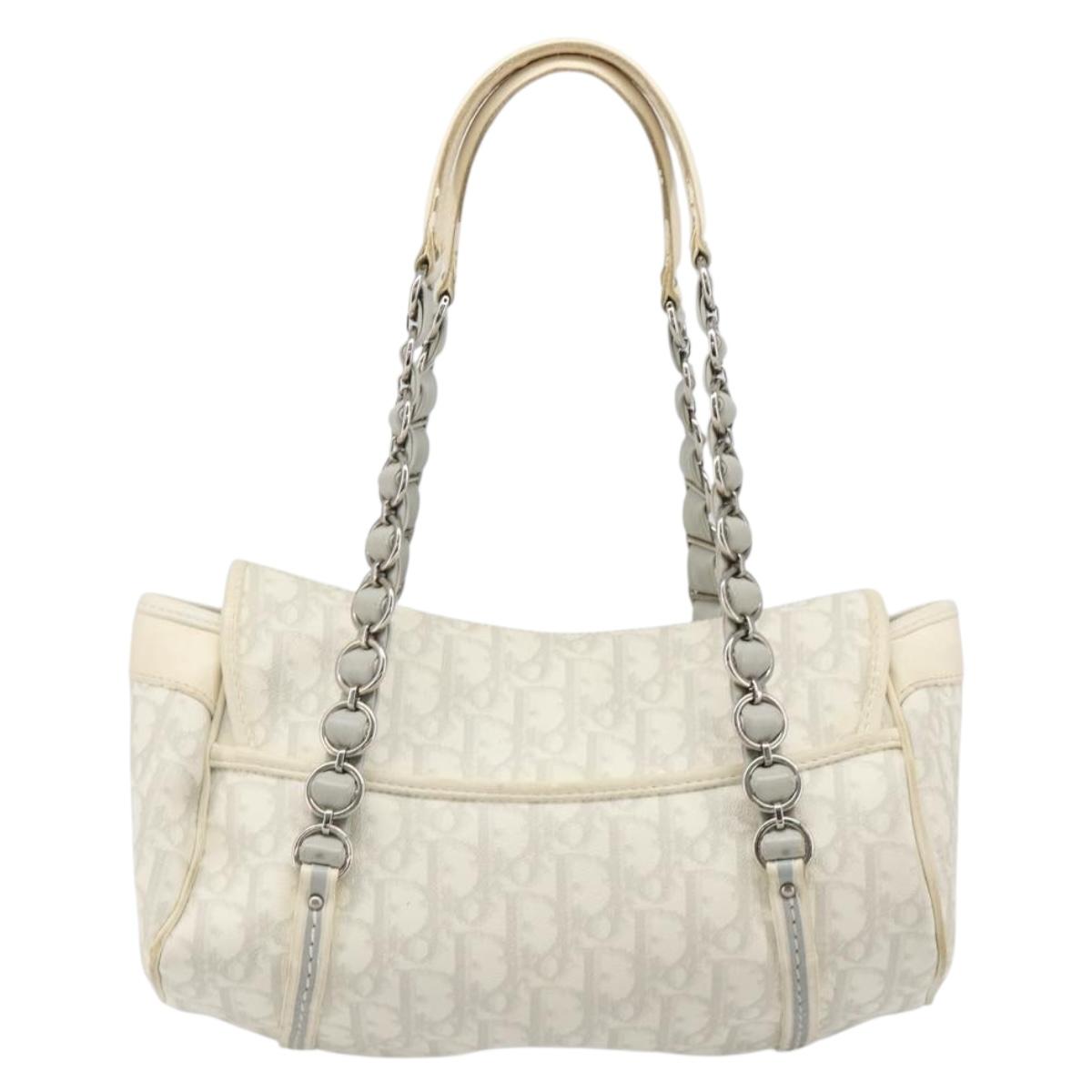Christian Dior Trotter Canvas Romantic Hand Bag PVC White Silver Auth 185924A