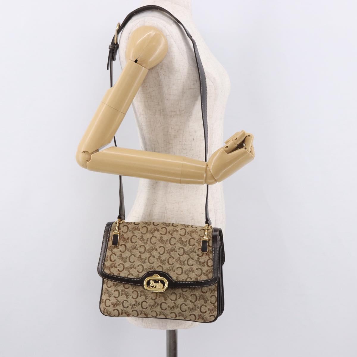 CELINE C Sulky Horse Carriage Shoulder Bag Canvas Beige Gold Auth 185927A