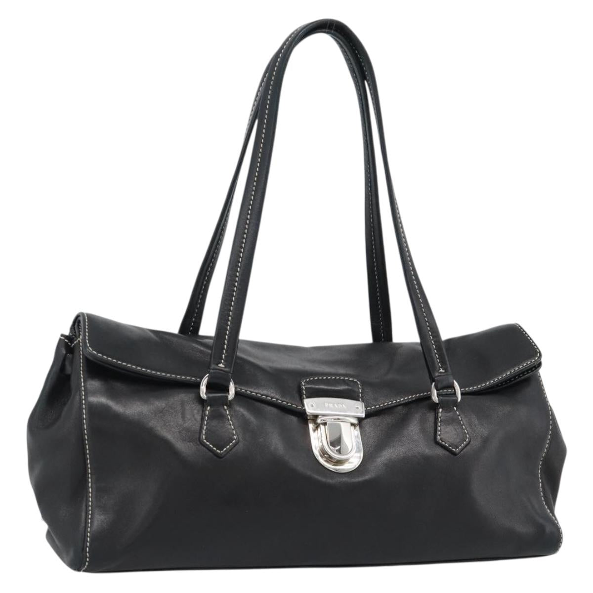 PRADA Hand Bag Leather Black Silver Auth 185946SAV