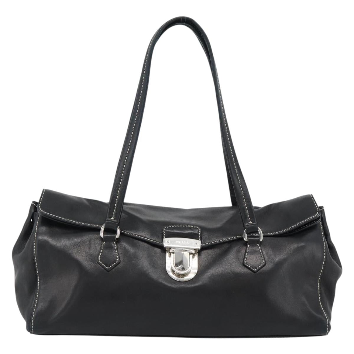 PRADA Hand Bag Leather Black Silver Auth 185946SAV