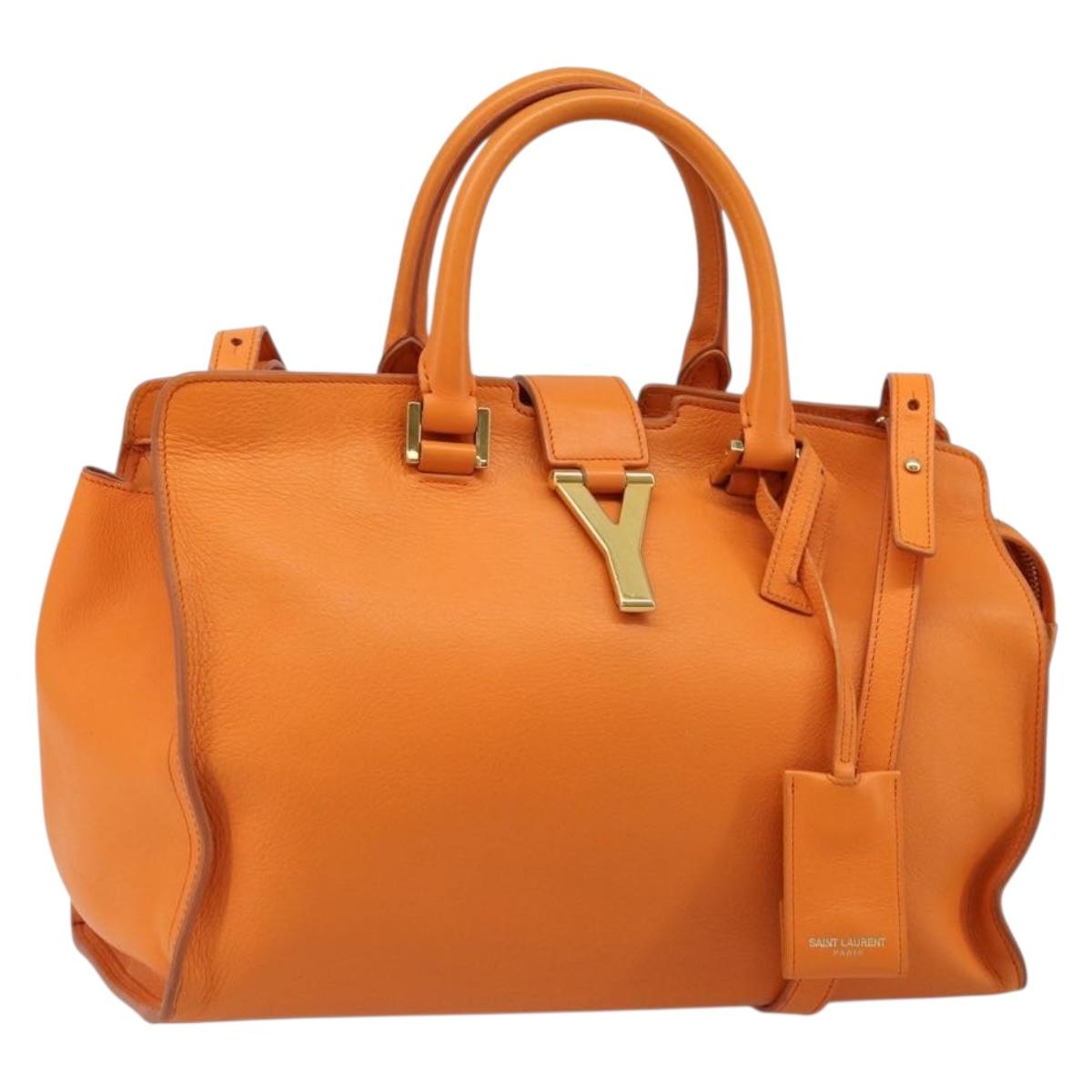 SAINT LAURENT Cabas Mini Hand Bag Leather 2way Orange Gold Auth 185950A