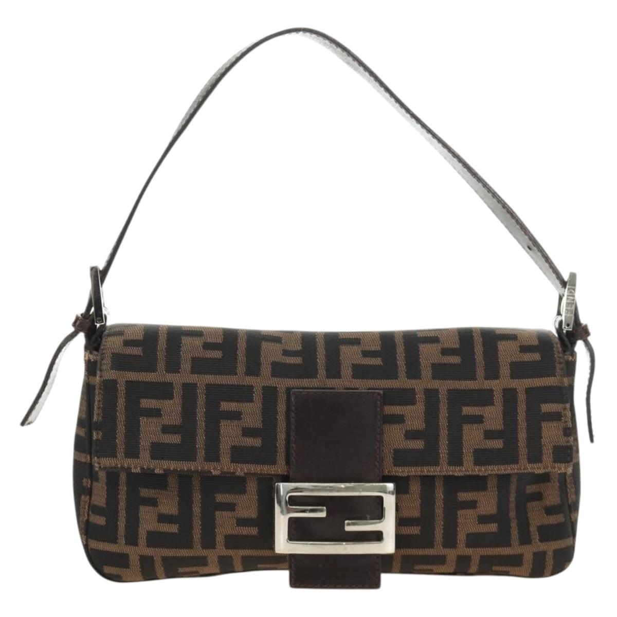 FENDI Zucca Canvas Mamma Baguette Shoulder Bag Black Brown Auth 185961SAM