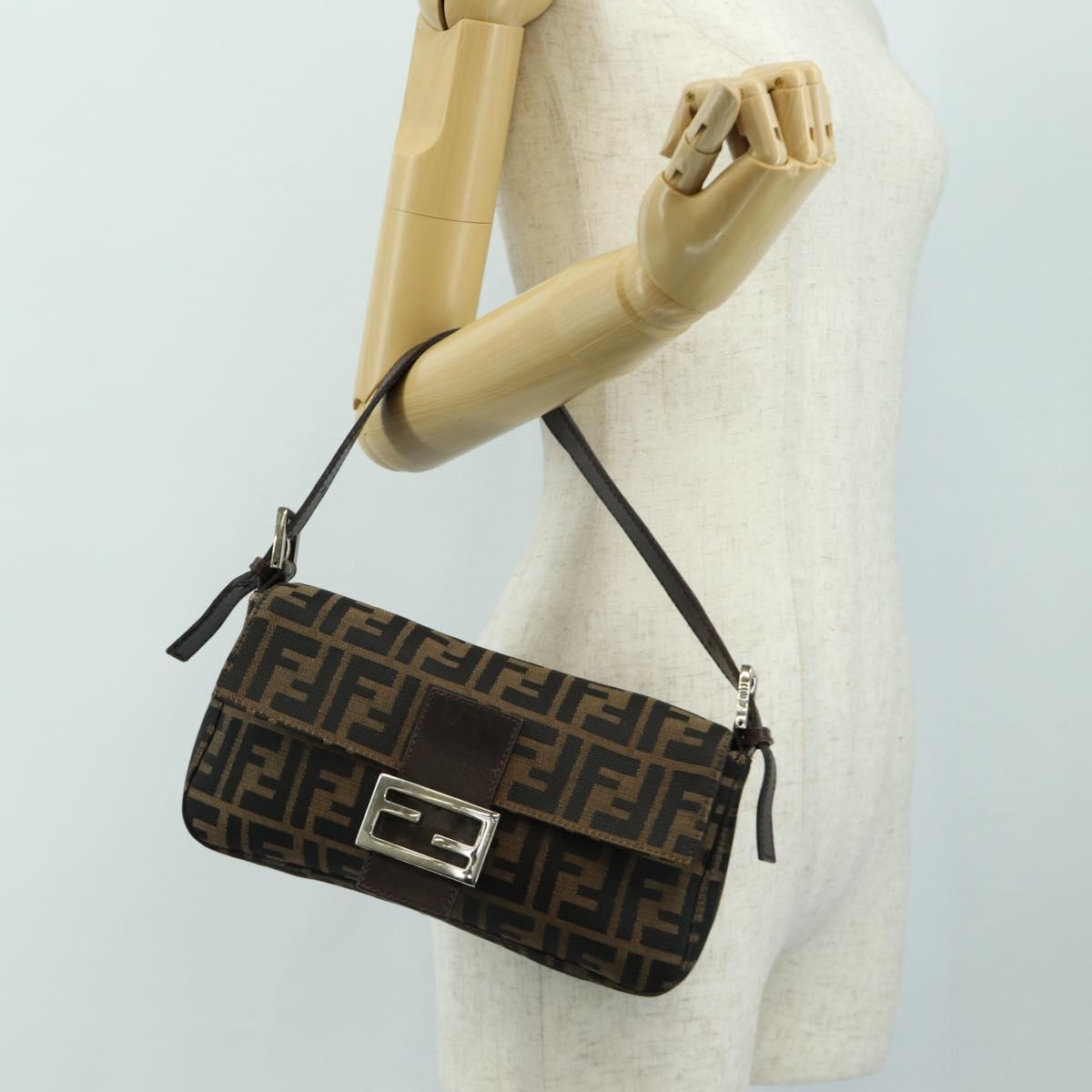 FENDI Zucca Canvas Mamma Baguette Shoulder Bag Black Brown Auth 185961SAM