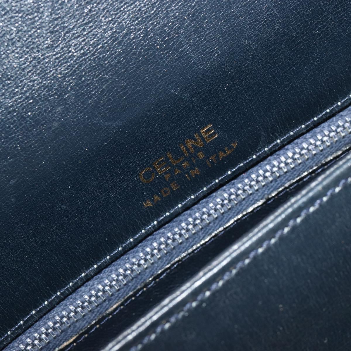 CELINE Shoulder Bag Leather Navy Gold Auth 185966A