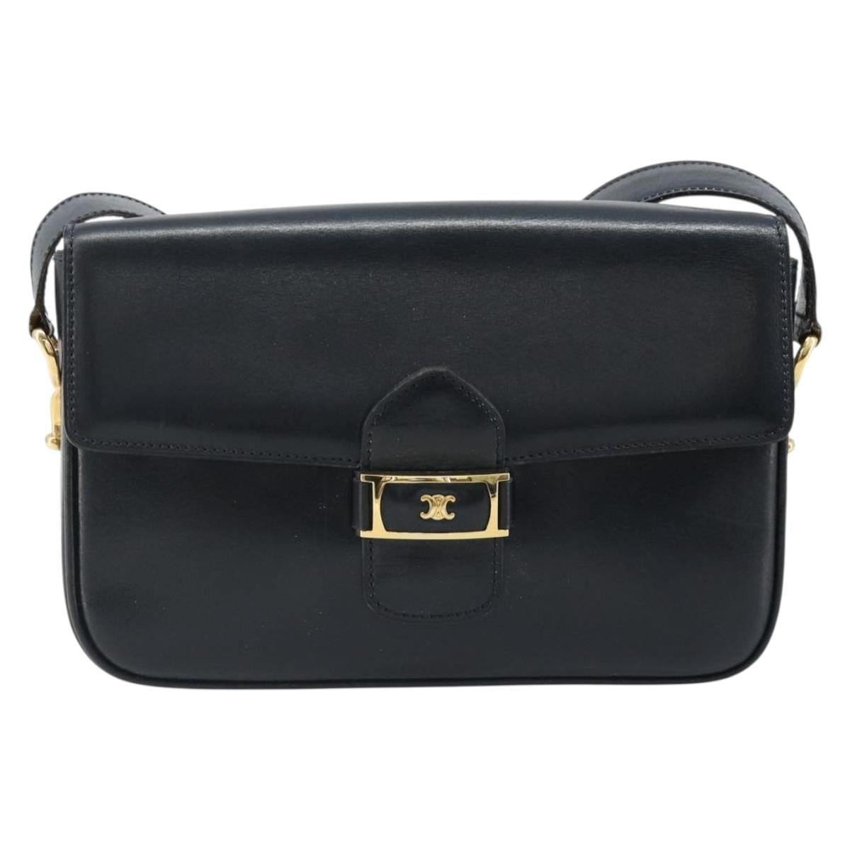 CELINE Shoulder Bag Leather Navy Gold Auth 185966A