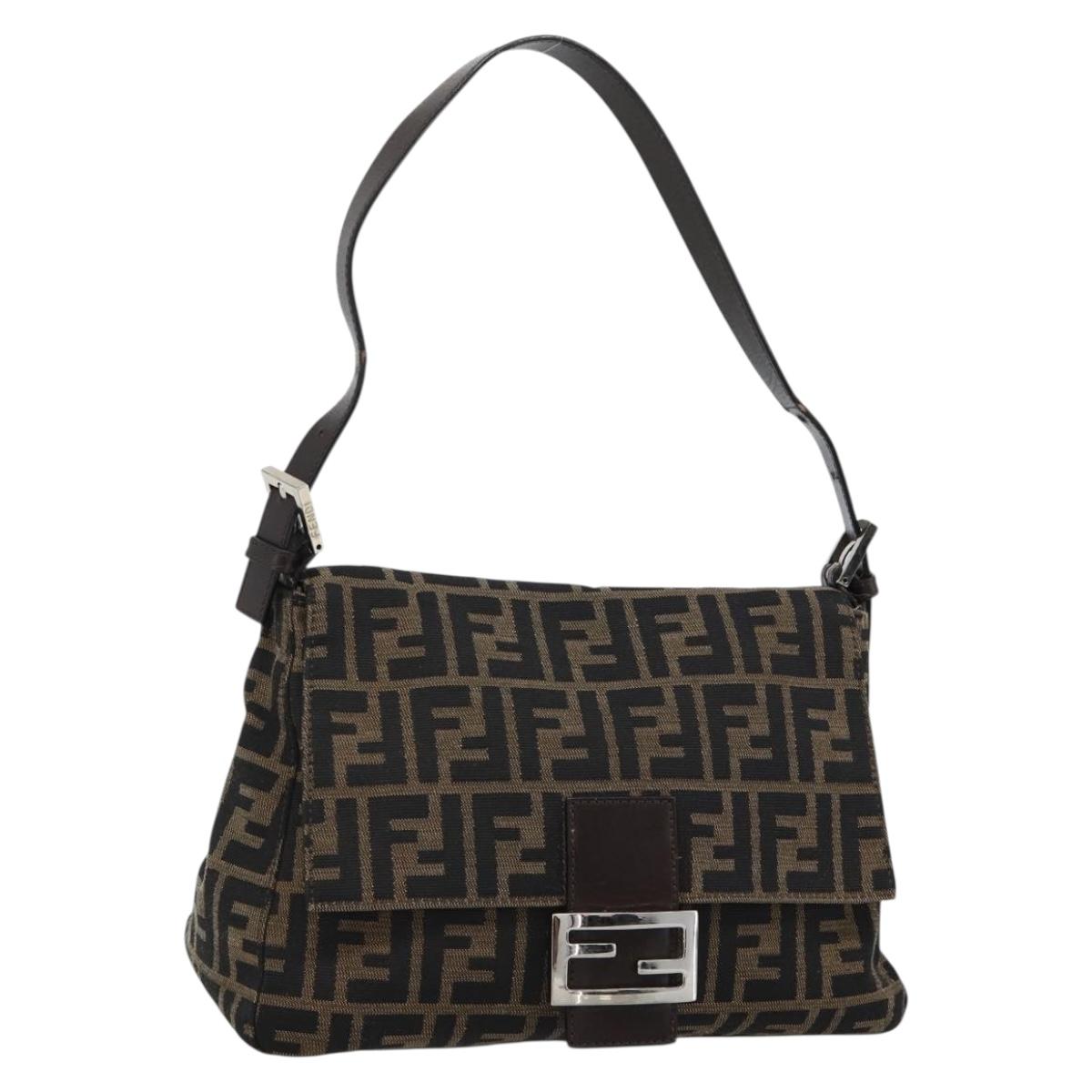 FENDI Zucca Canvas Mamma Baguette Shoulder Bag Black Brown Auth 185971SAM