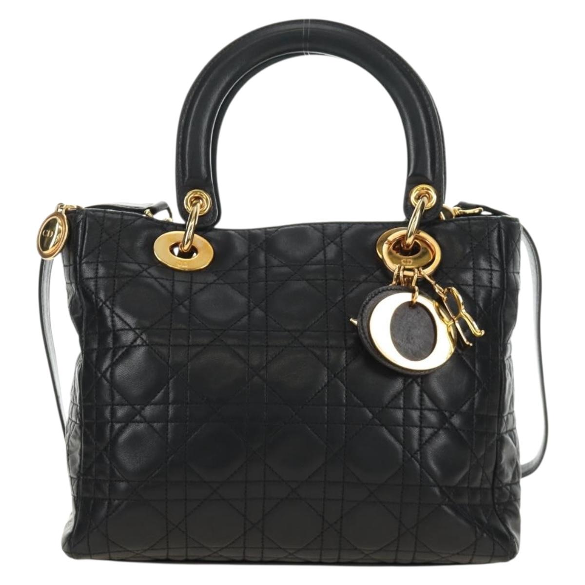 Christian Dior Lady Dior Canage Bag Lamb Skin 2way Black Gold Auth 185972SAM