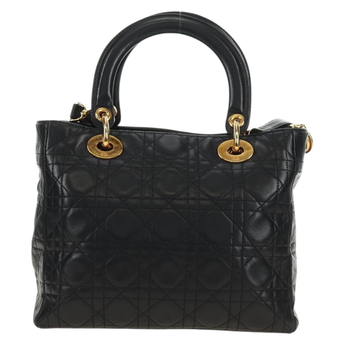 Christian Dior Lady Dior Canage Bag Lamb Skin 2way Black Gold Auth 185972SAM
