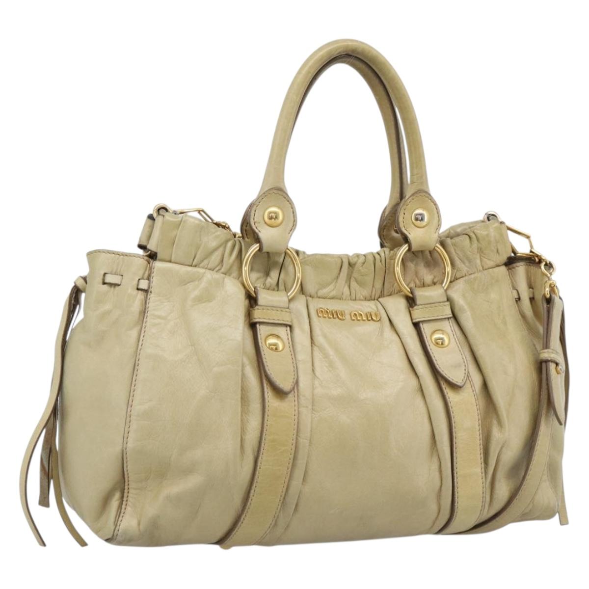 Miu Miu Hand Bag Leather 2way Beige Gold Auth 185981A