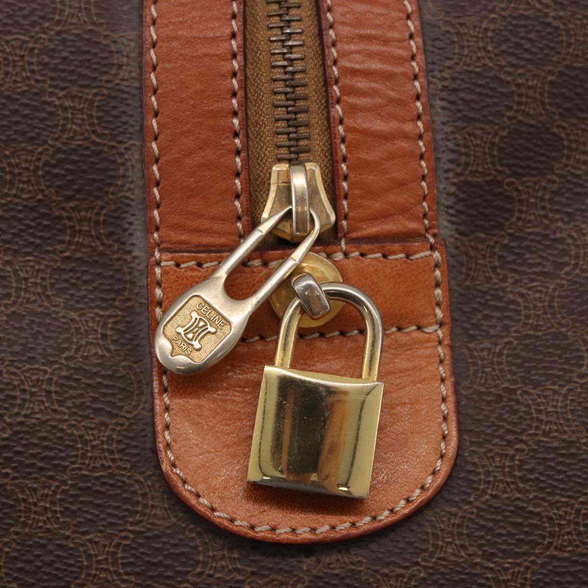 CELINE Macadam Canvas Boston Bag PVC Leather Brown Gold Auth 185992