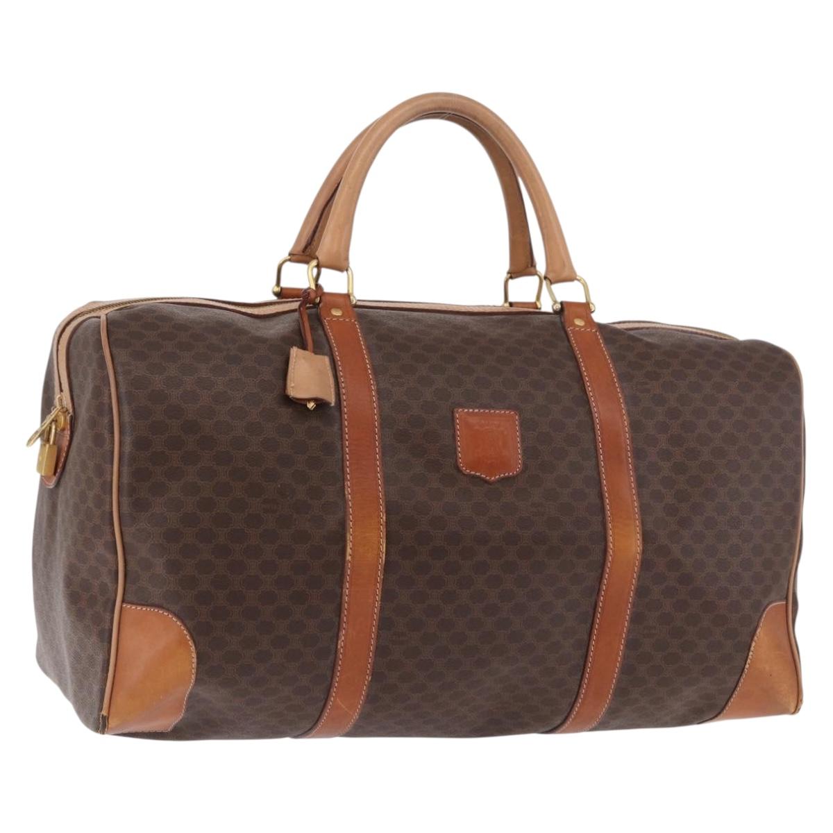 CELINE Macadam Canvas Boston Bag PVC Leather Brown Gold Auth 185993