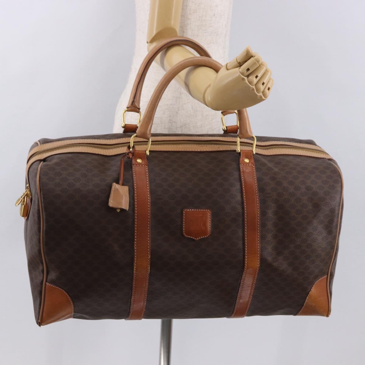 CELINE Macadam Canvas Boston Bag PVC Leather Brown Gold Auth 185993