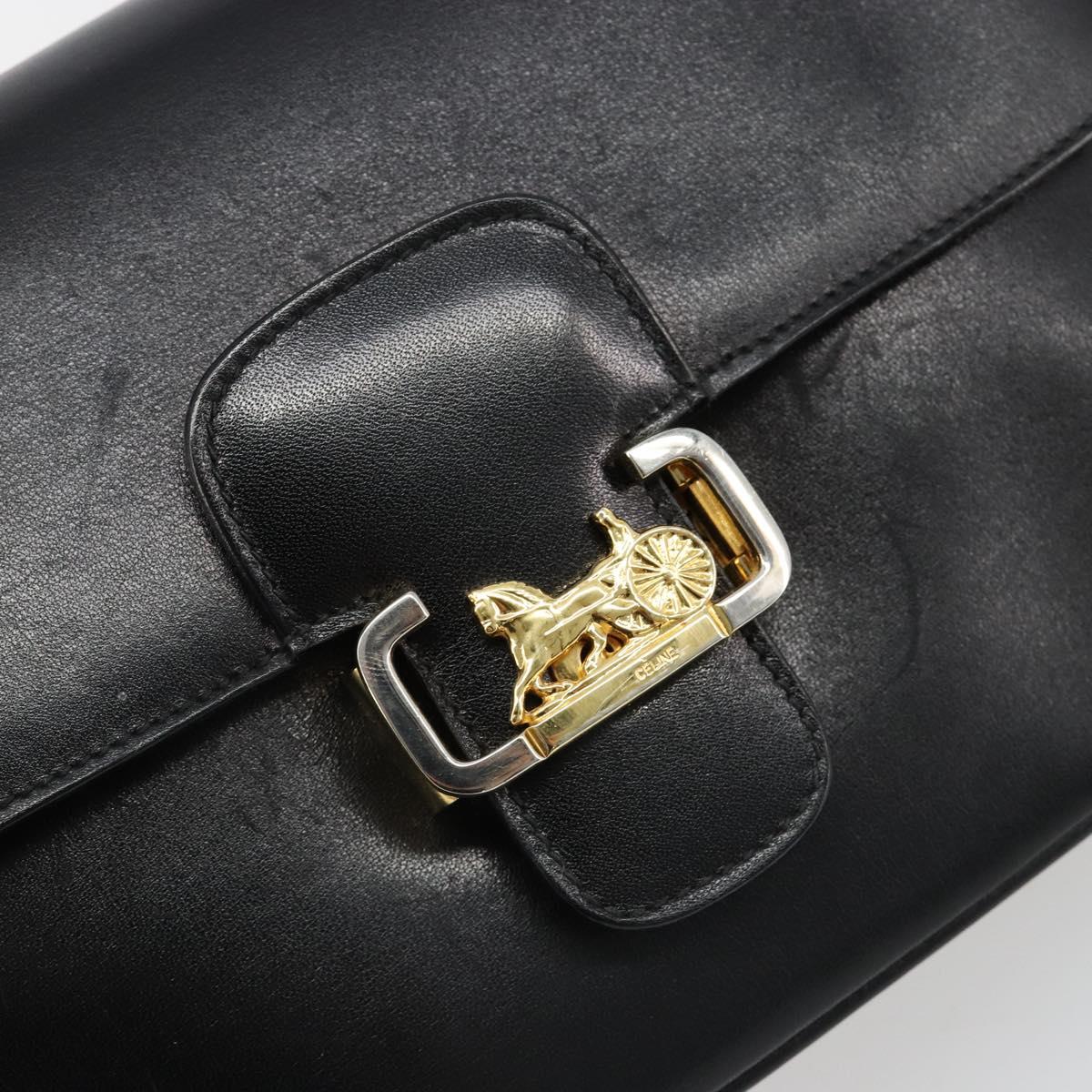CELINE Horse Carriage Shoulder Bag Leather Gold Black Auth 185997A