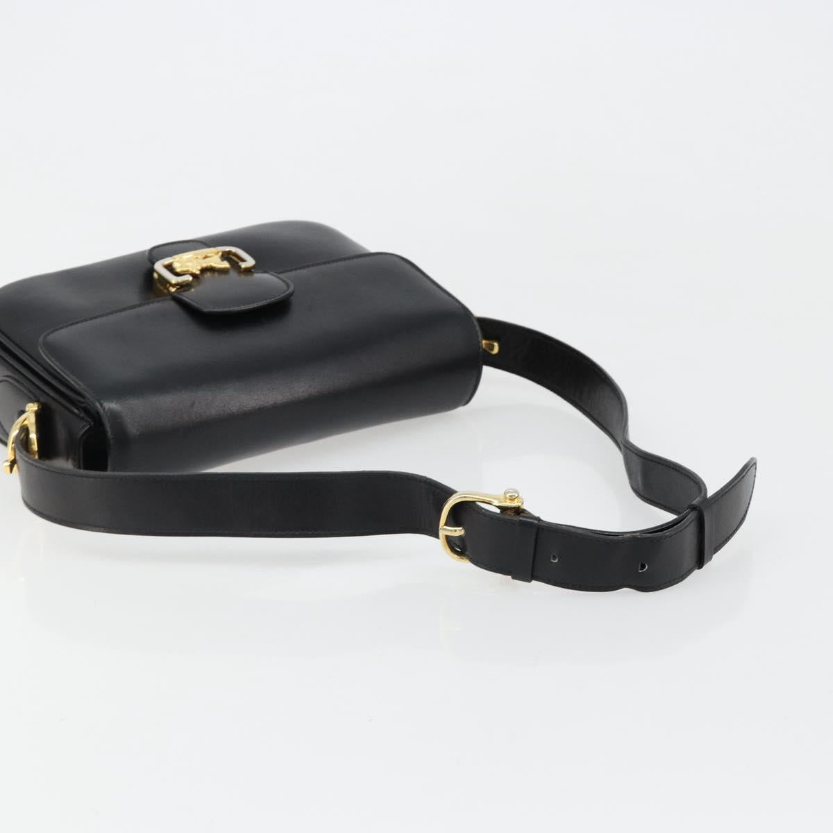 CELINE Horse Carriage Shoulder Bag Leather Gold Black Auth 185997A