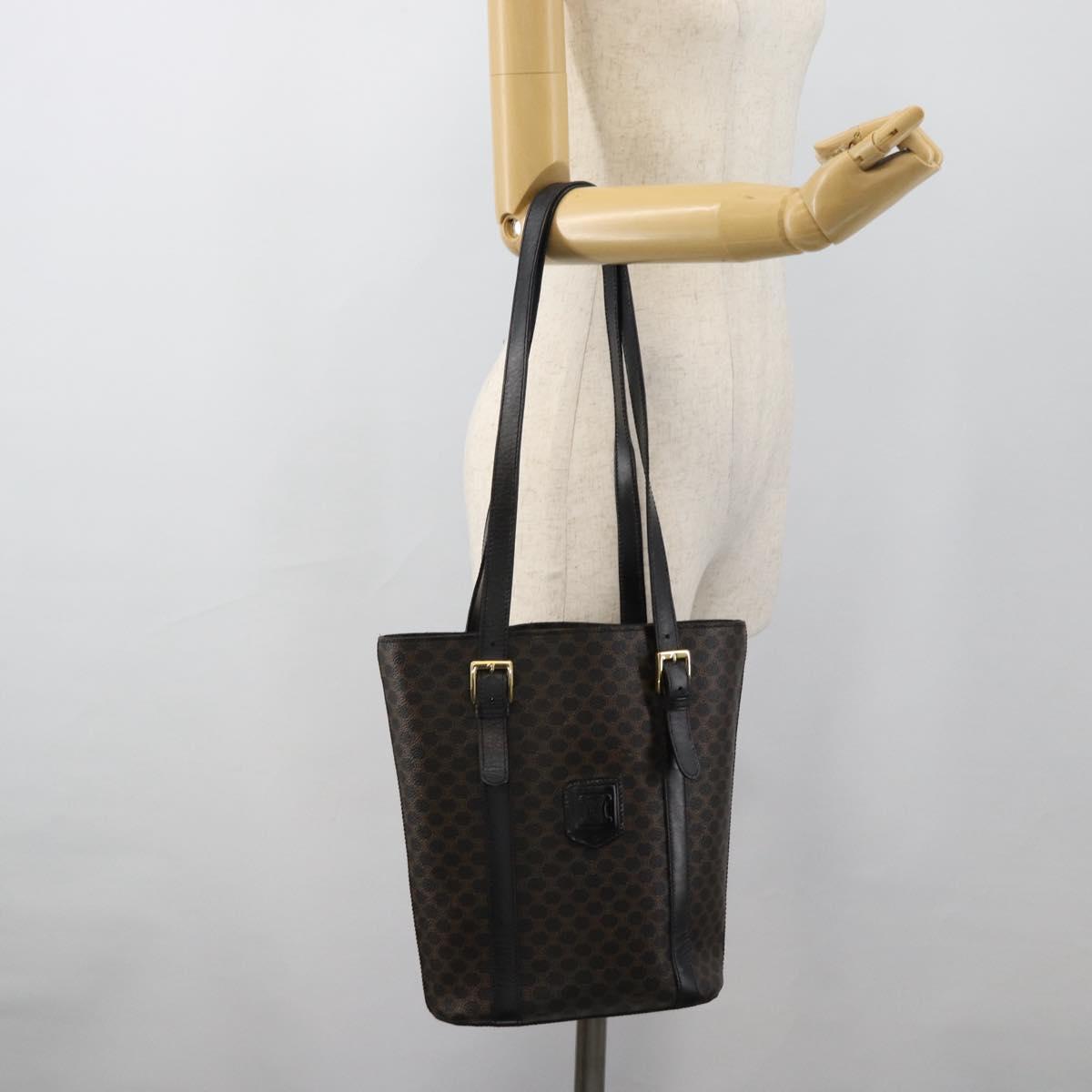 CELINE Macadam Canvas Tote Bag PVC Leather Black Gold Auth 185998