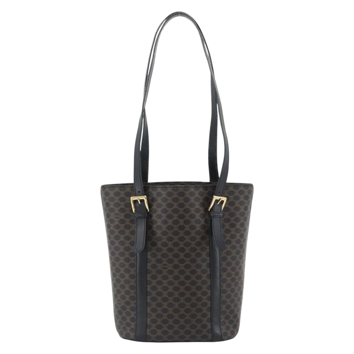 CELINE Macadam Canvas Tote Bag PVC Leather Black Gold Auth 185998