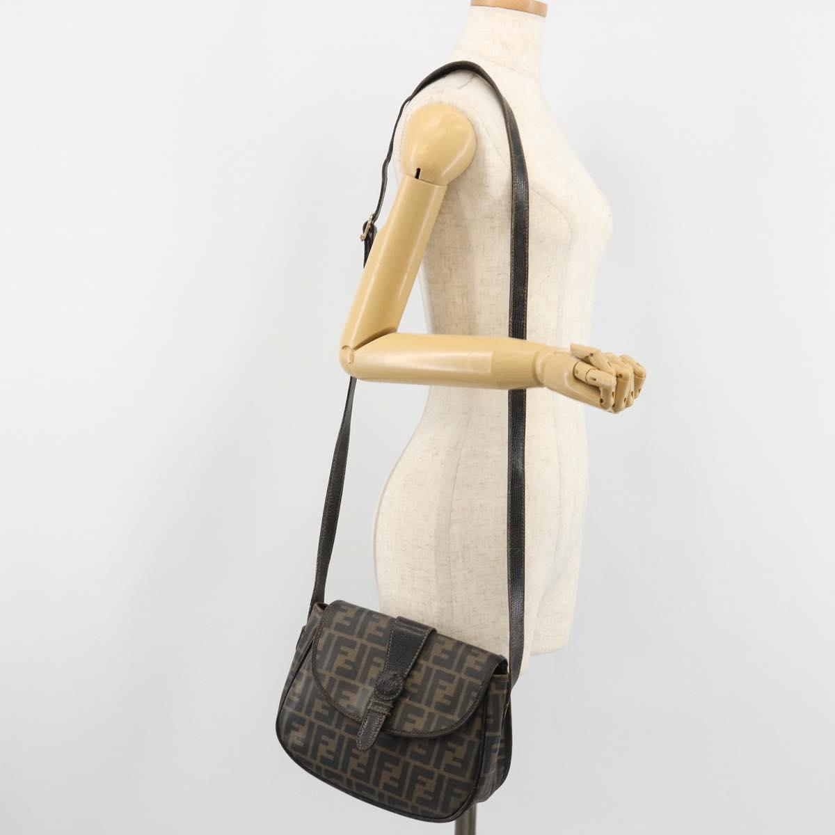 FENDI Zucca Canvas Shoulder Bag PVC Black Brown Auth 186000