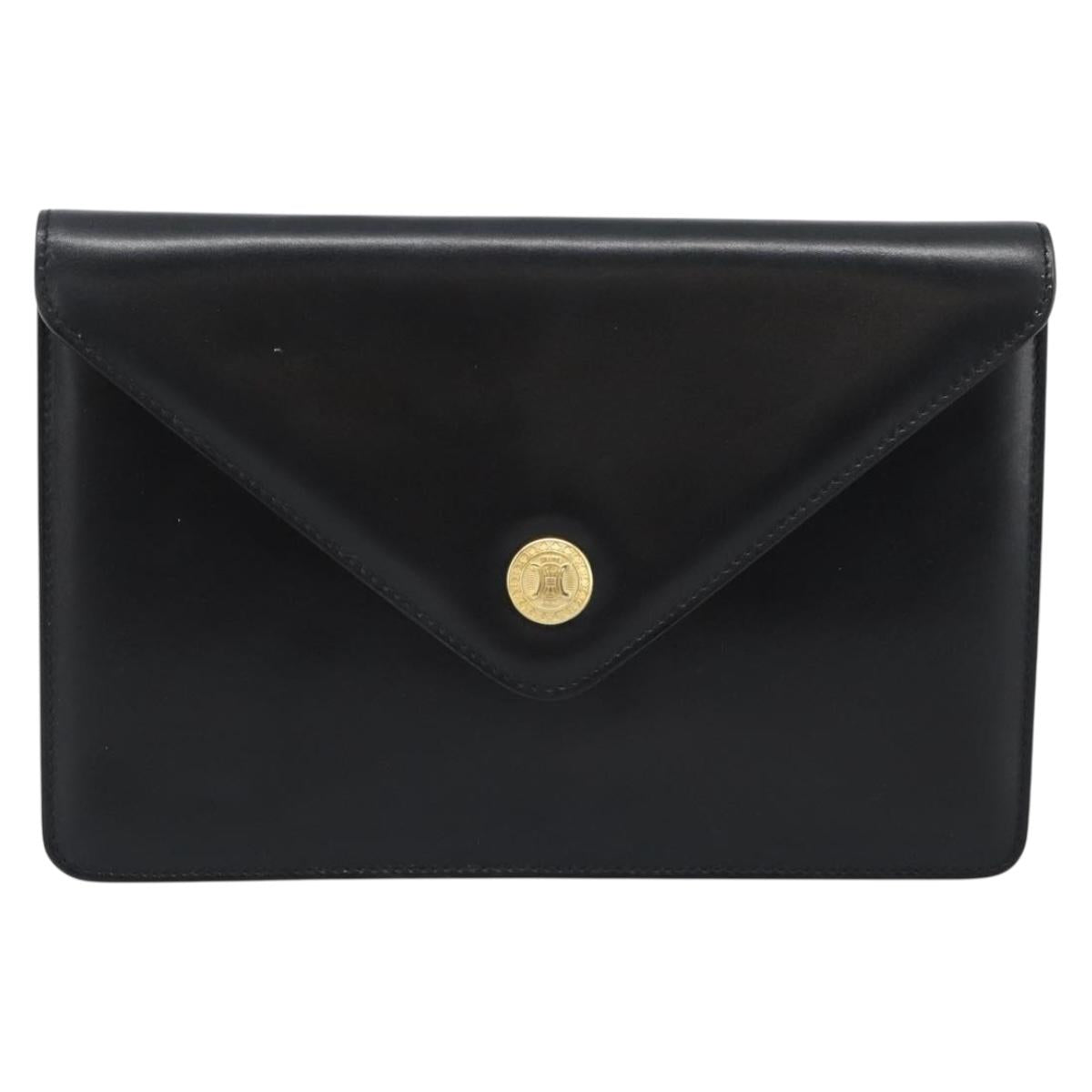 CELINE Clutch Bag Leather Black Gold Auth 186006A