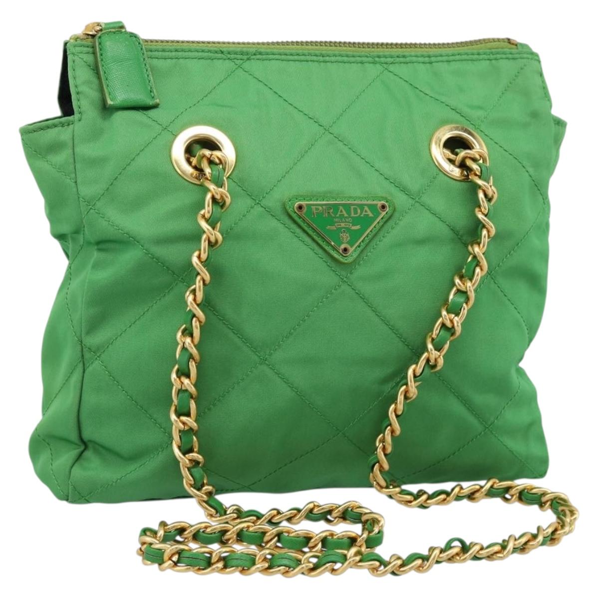 PRADA Chain Shoulder Bag Nylon Green Gold Auth 186013A