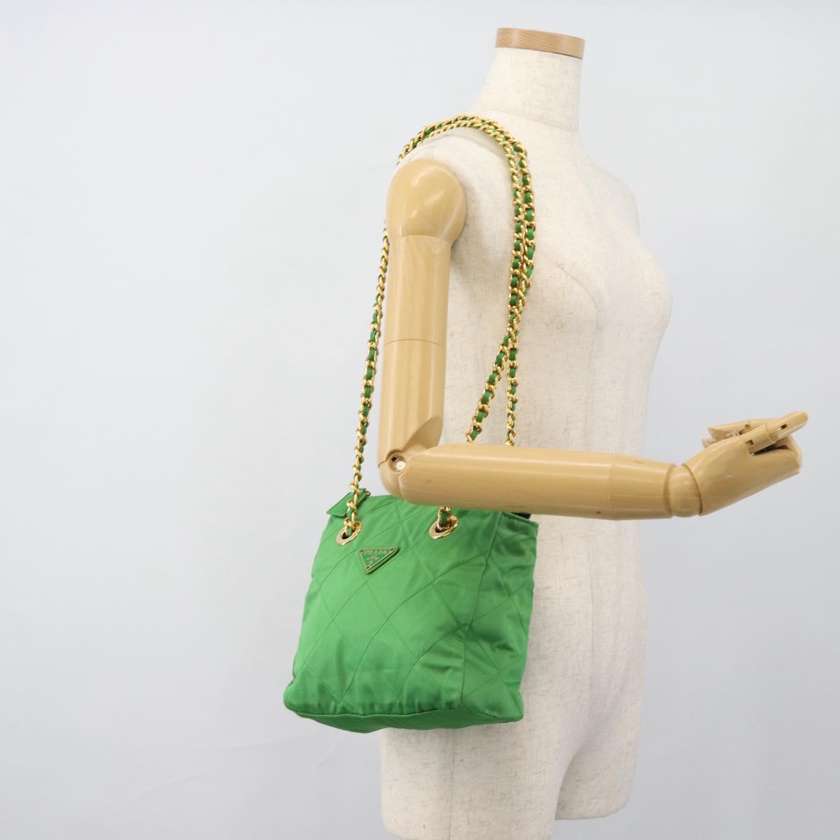 PRADA Chain Shoulder Bag Nylon Green Gold Auth 186013A
