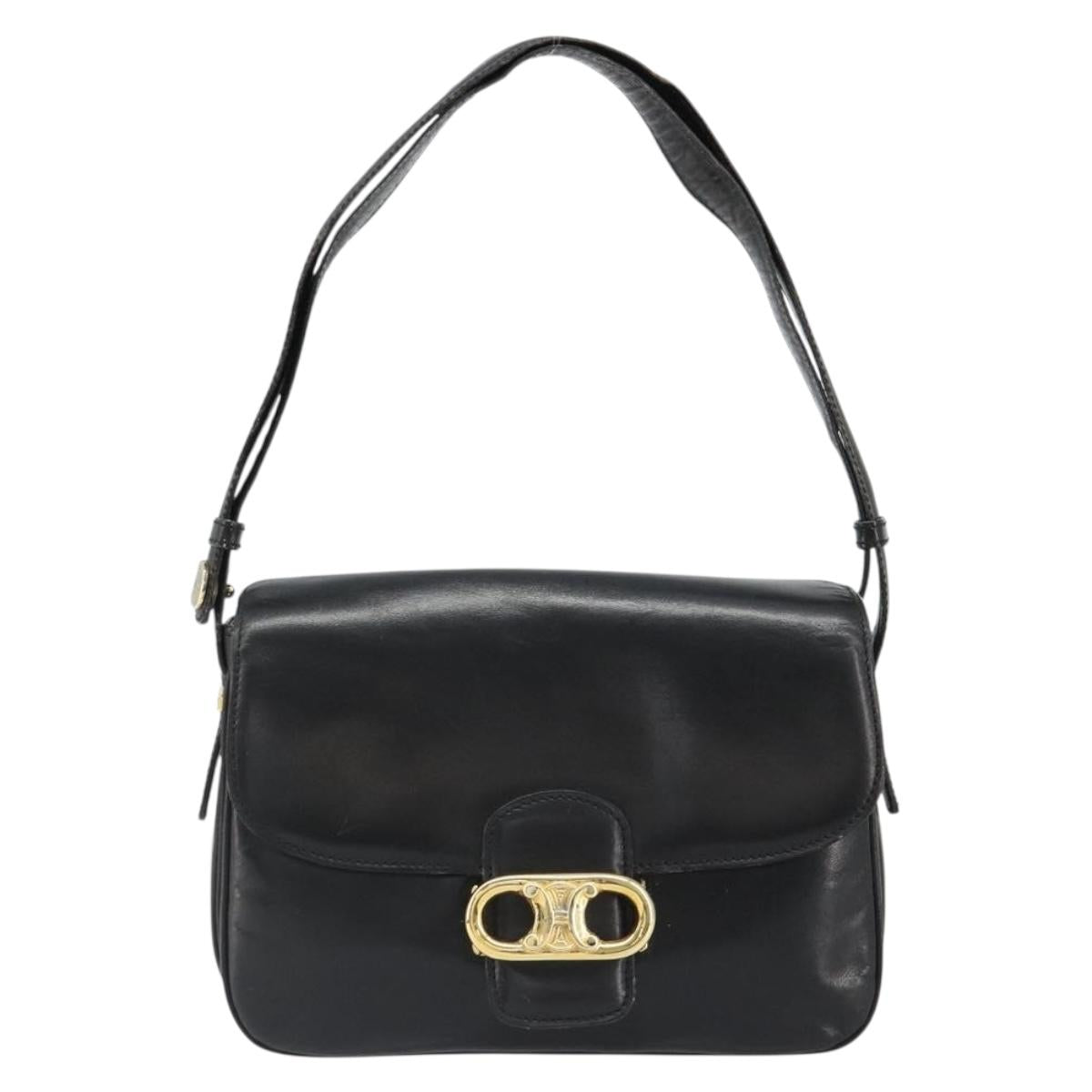 CELINE Shoulder Bag Leather Black Gold Auth 186015