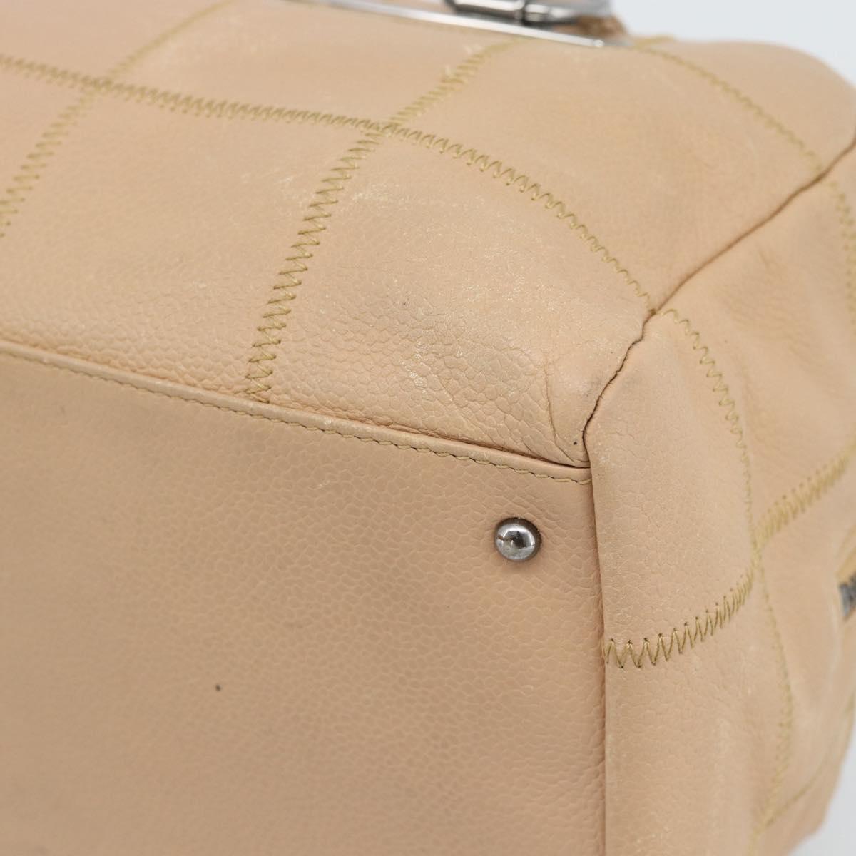 CHANEL Choco Bar Shoulder Bag Caviar Skin Beige Silver CC Auth 186018