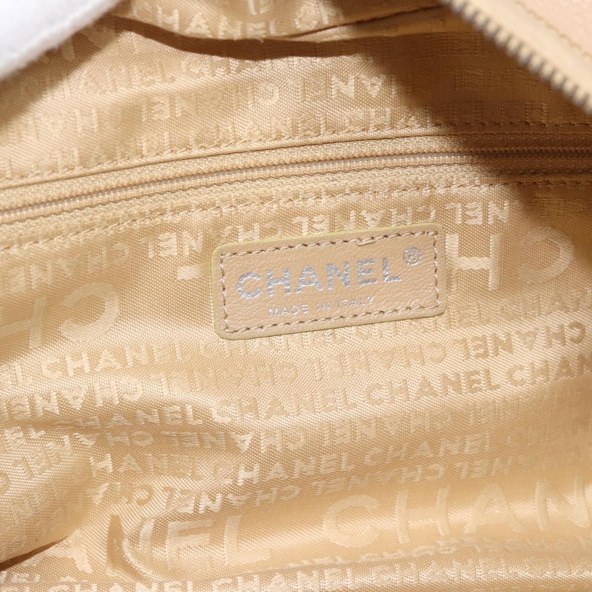 CHANEL Choco Bar Shoulder Bag Caviar Skin Beige Silver CC Auth 186018