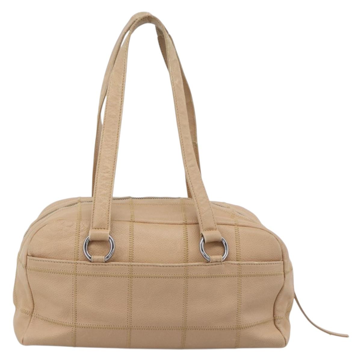CHANEL Choco Bar Shoulder Bag Caviar Skin Beige Silver CC Auth 186018