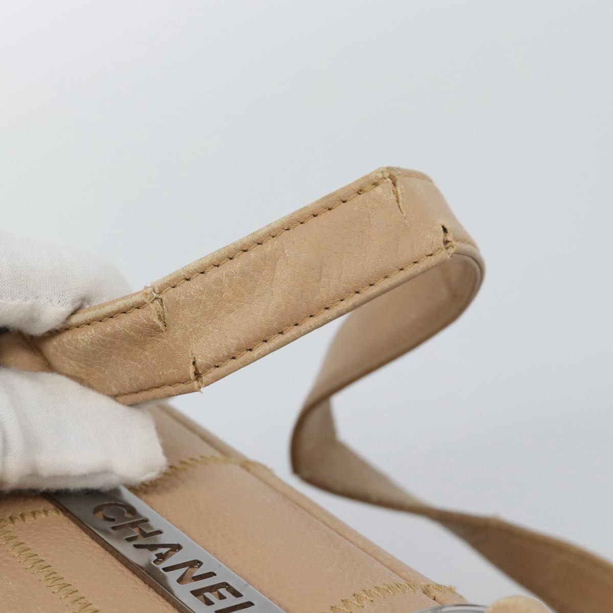 CHANEL Choco Bar Shoulder Bag Caviar Skin Beige Silver CC Auth 186018
