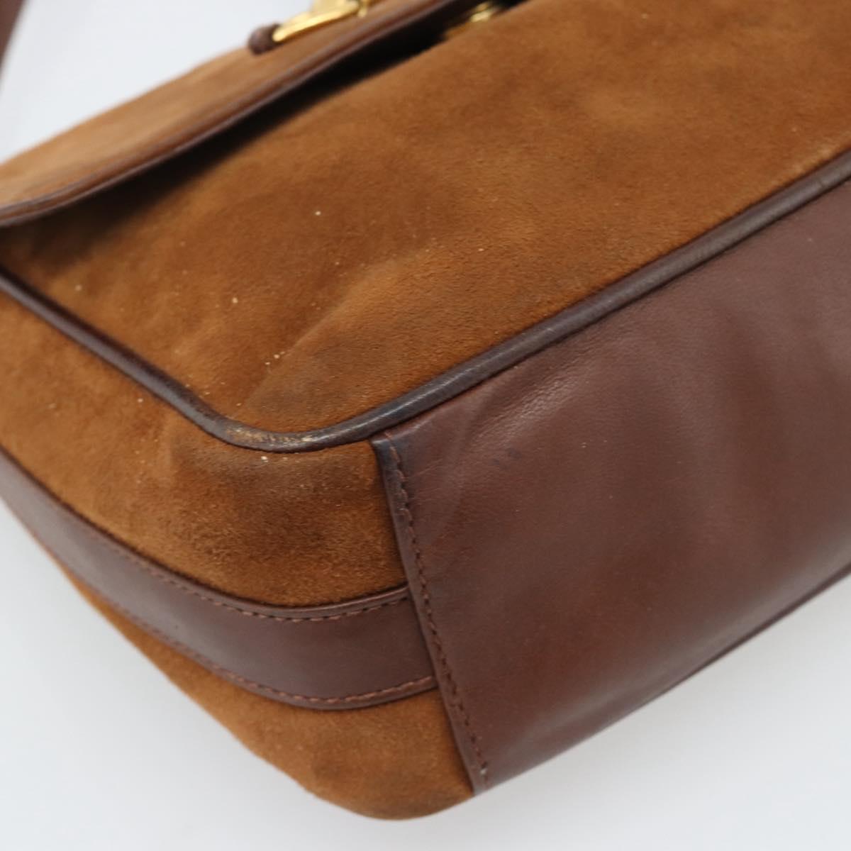GUCCI Horsebit Shoulder Bag Suede Brown Gold Auth 186021
