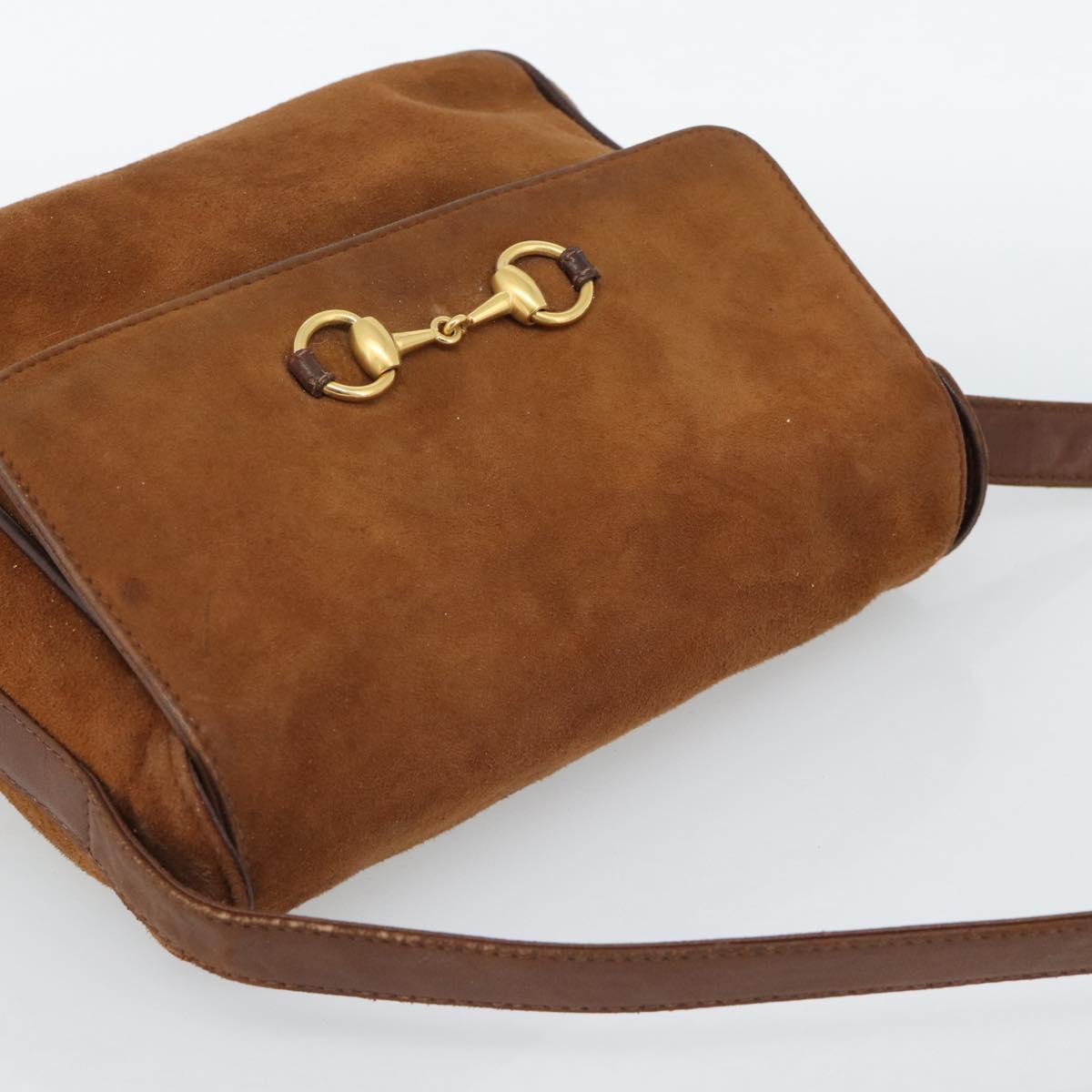 GUCCI Horsebit Shoulder Bag Suede Brown Gold Auth 186021