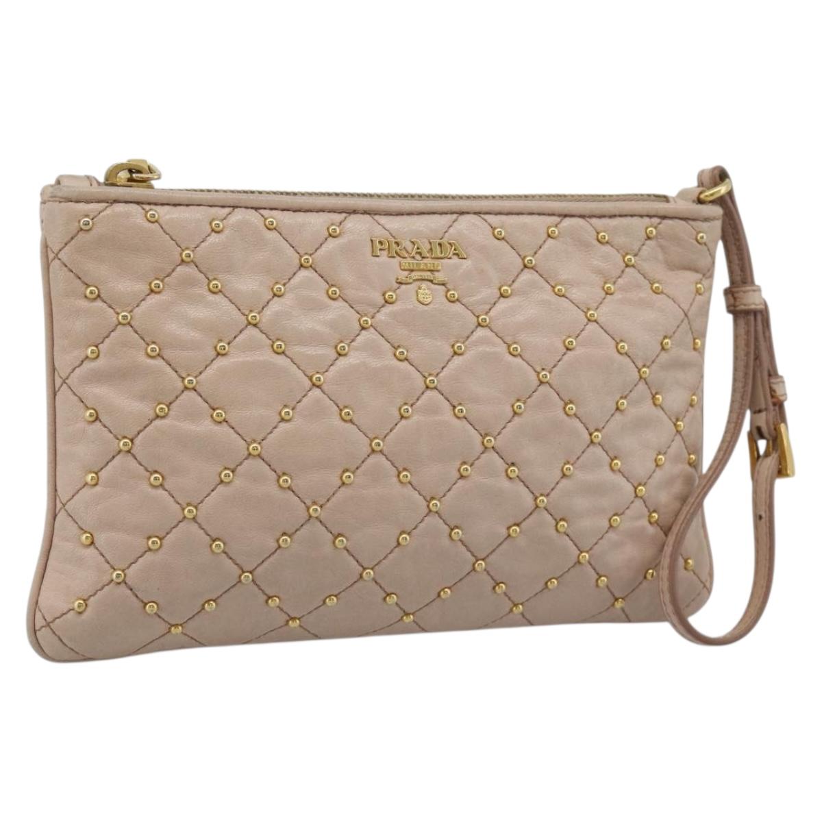 PRADA Clutch Bag Leather Pink Gold Auth 186026A