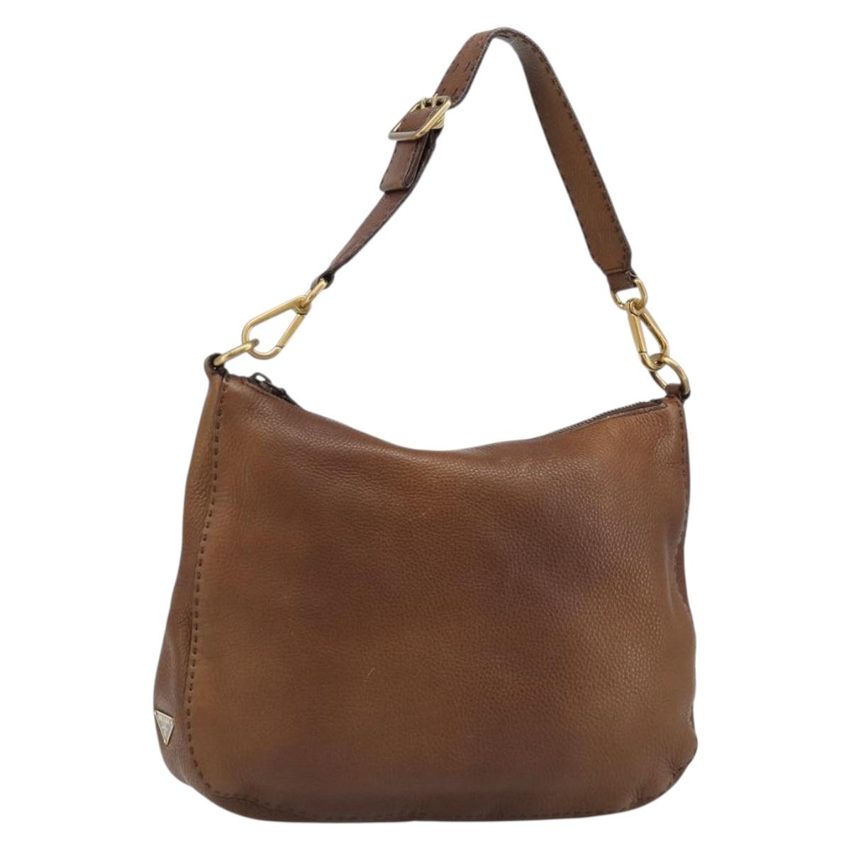 PRADA Shoulder Bag Leather Brown Gold Auth 186027A