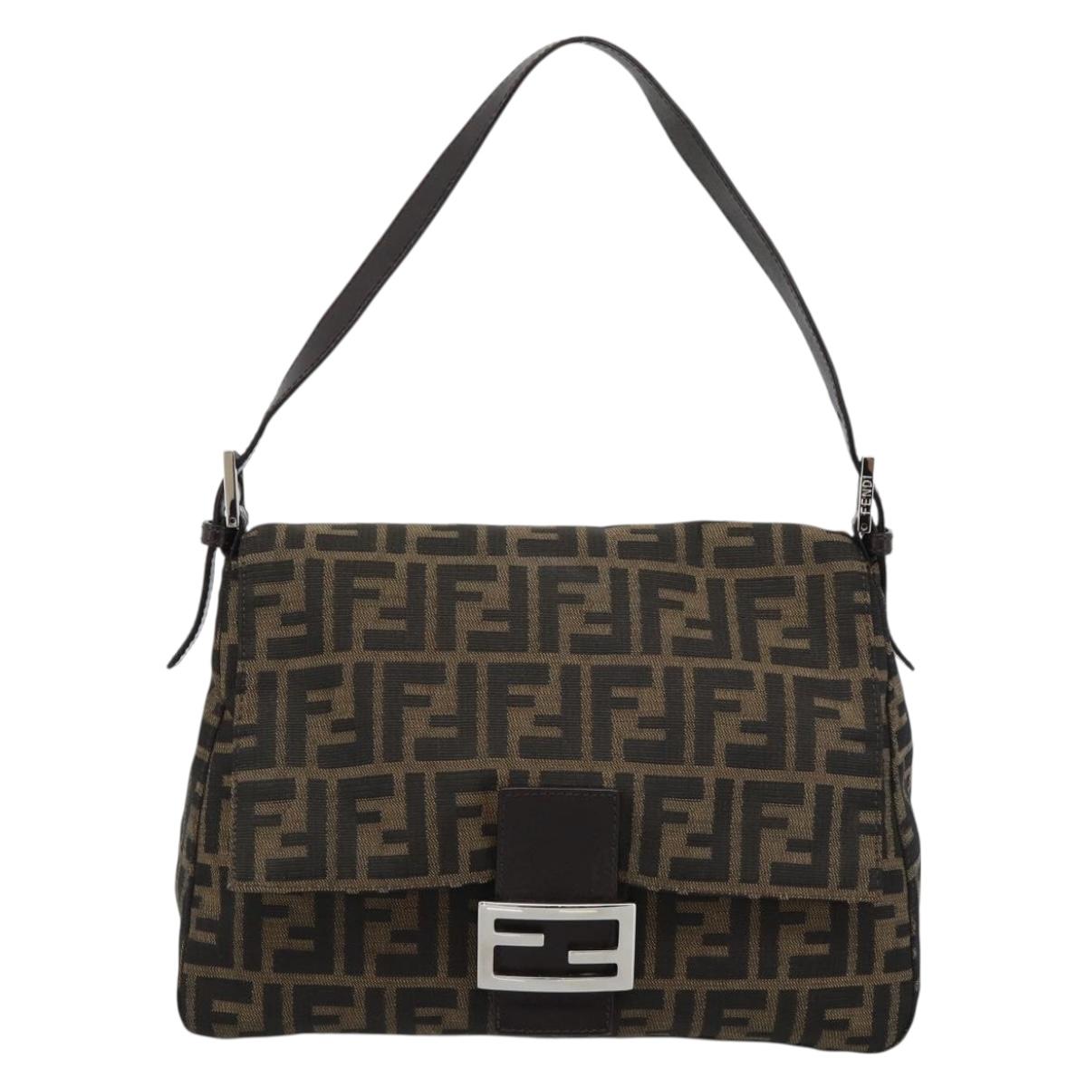 FENDI Zucca Canvas Mamma Baguette Shoulder Bag Black Brown Auth 186037SAM