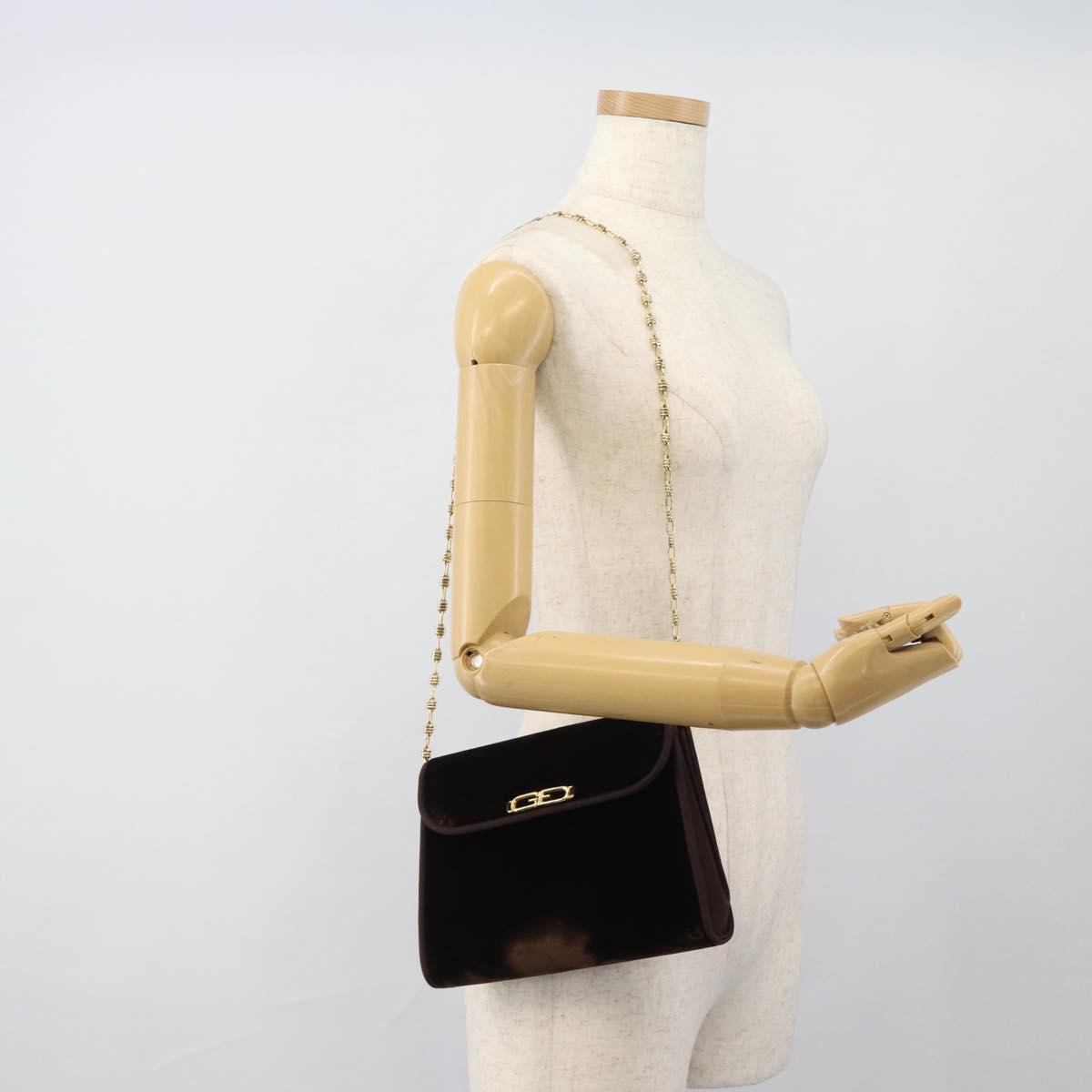 GUCCI Chain Shoulder Bag Velor Brown Gold Auth 186050A