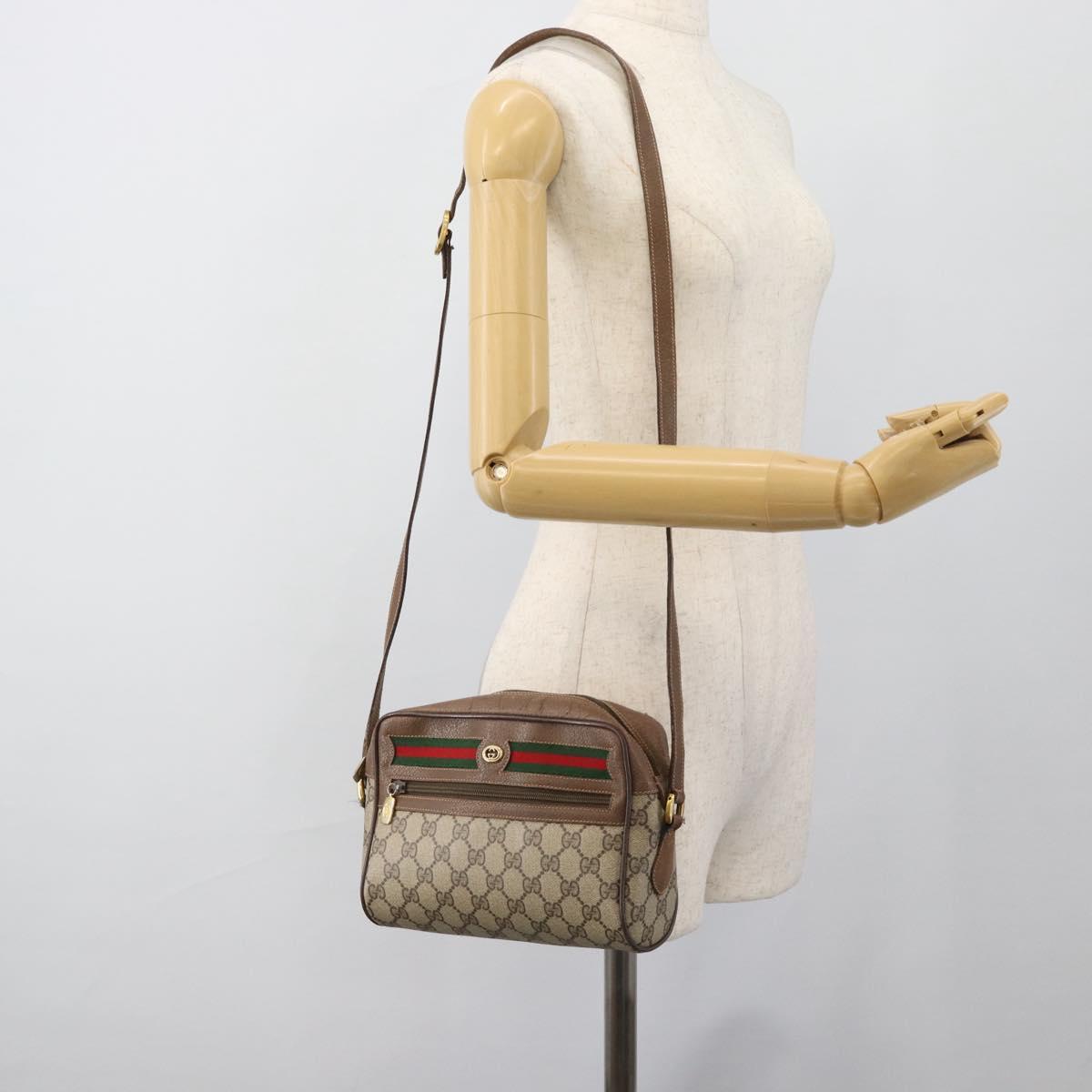GUCCI GG Supreme Web Sherry Line Shoulder Bag PVC Beige Gold Auth 186057