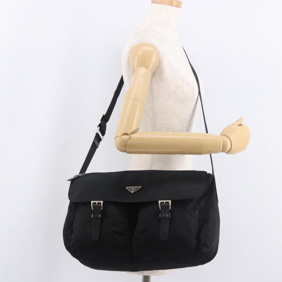 PRADA Shoulder Bag Nylon Black Silver Auth 186088A