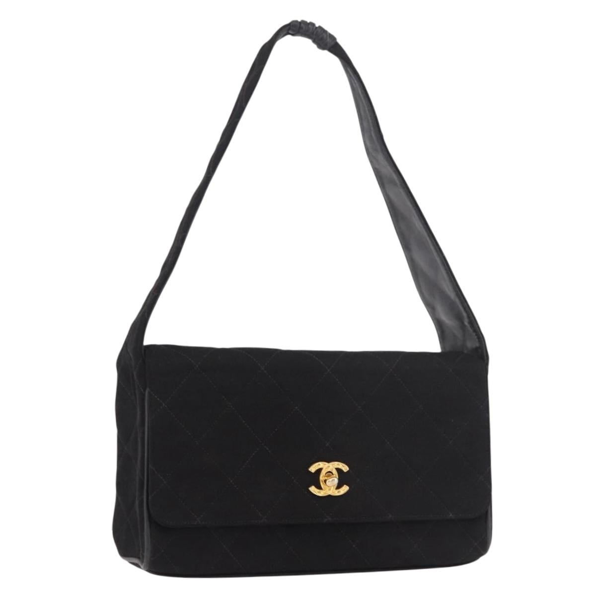 CHANEL Matelasse Shoulder Bag Cotton Black Gold CC Auth 186116V