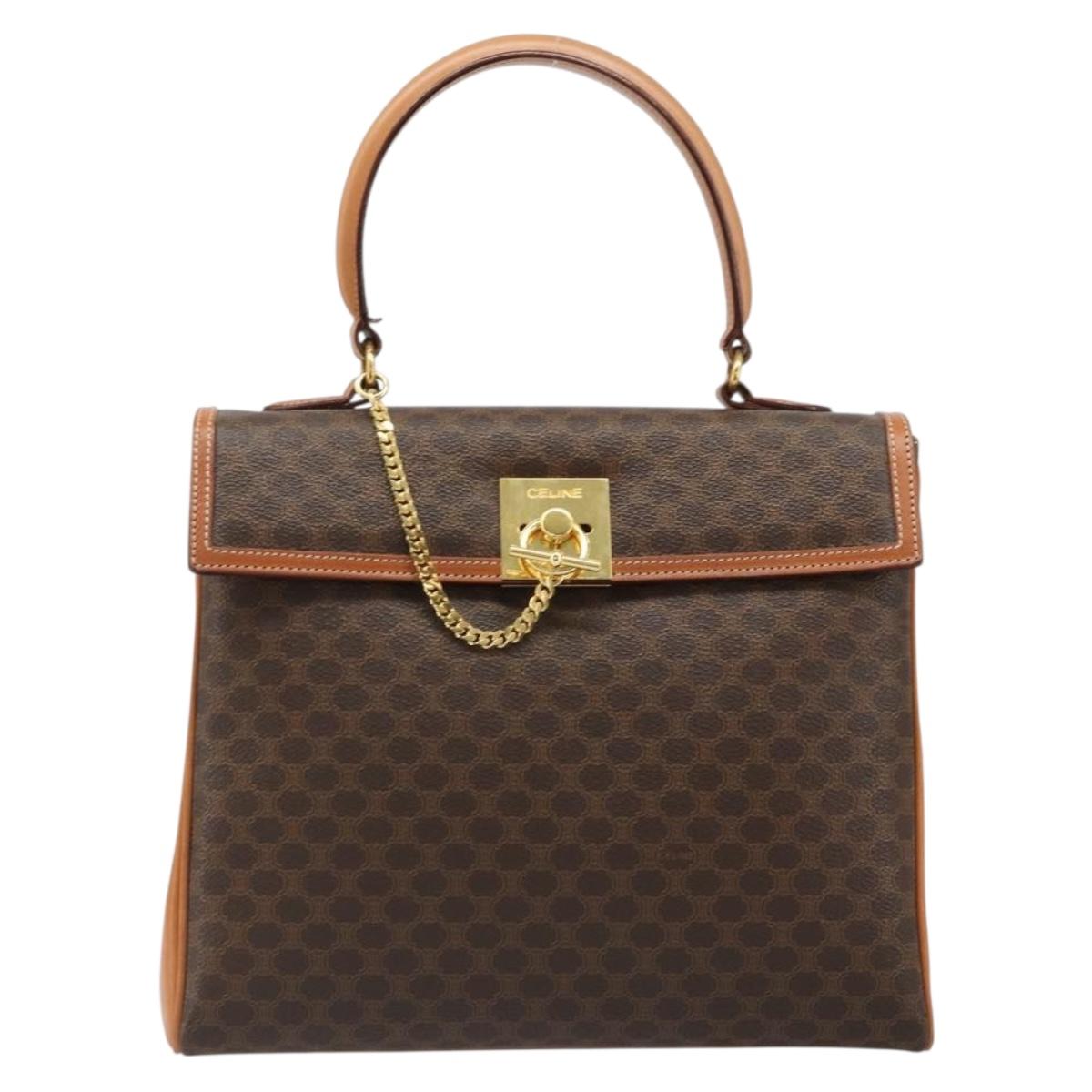 CELINE Macadam Canvas Boston Bag PVC Leather Brown Gold Auth 186123V