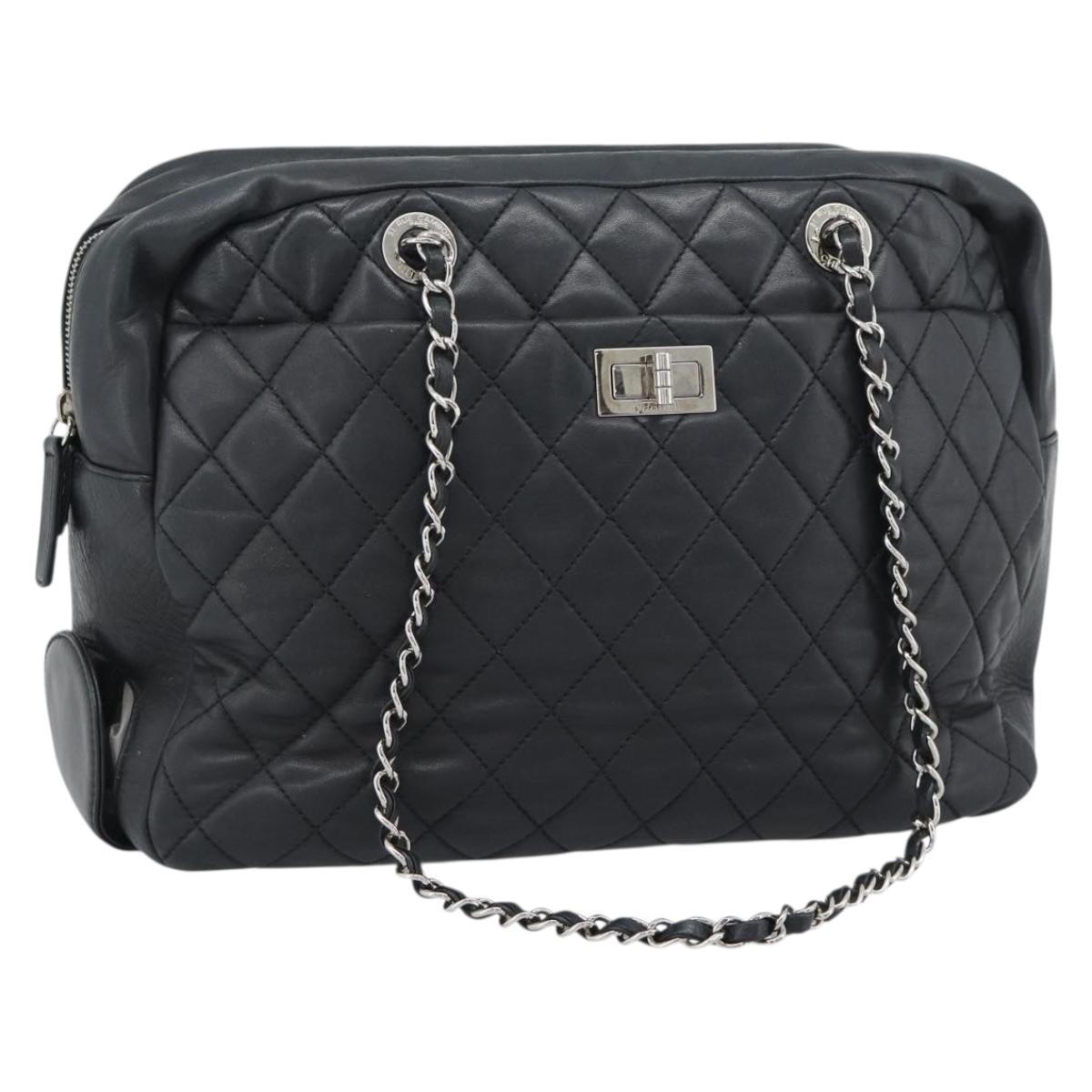 CHANEL 2.55 Chain Shoulder Bag Lamb Skin Black Silver CC Auth 186127V