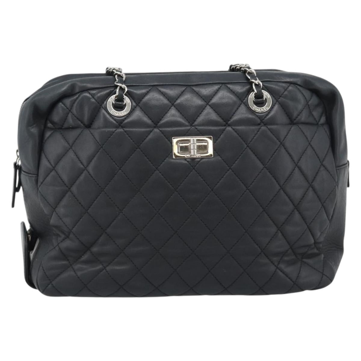 CHANEL 2.55 Chain Shoulder Bag Lamb Skin Black Silver CC Auth 186127V
