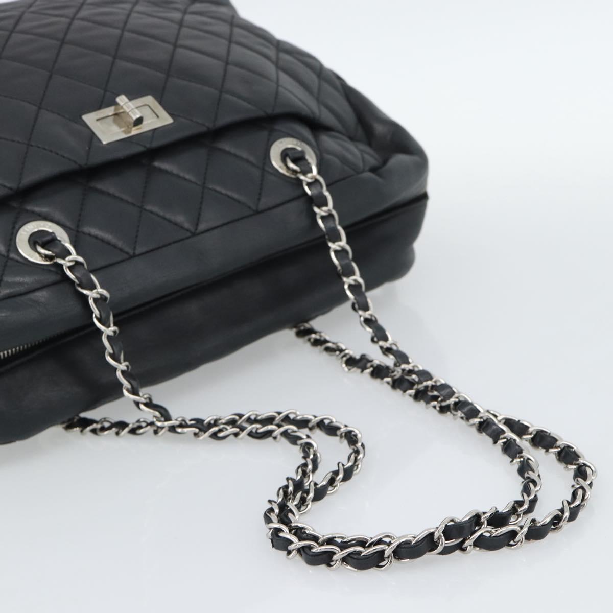 CHANEL 2.55 Chain Shoulder Bag Lamb Skin Black Silver CC Auth 186127V
