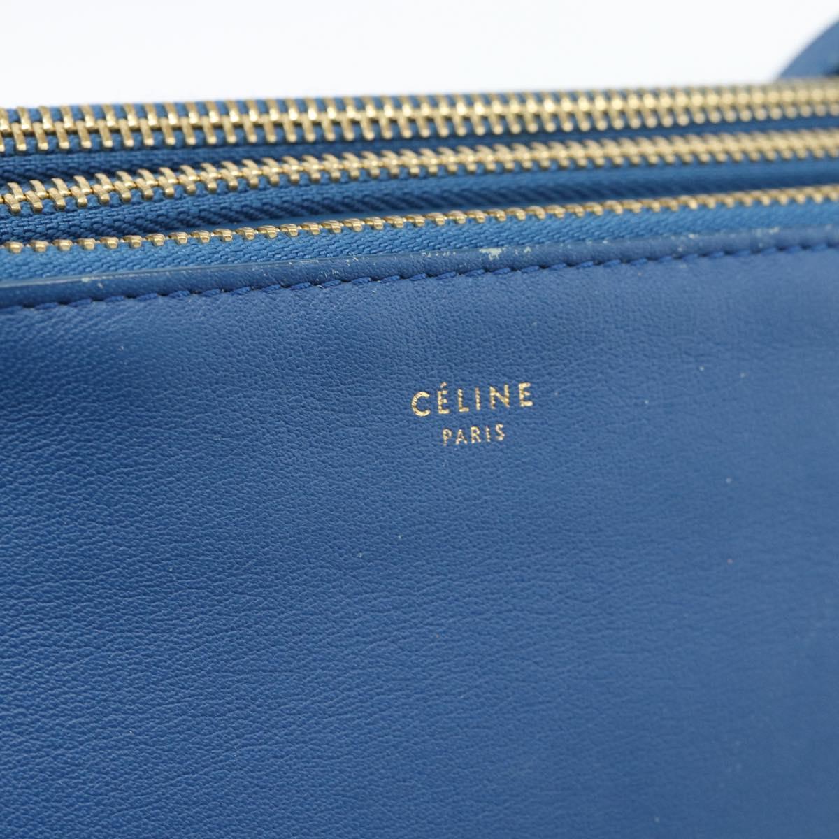 CELINE Trio Shoulder Bag Leather Blue Gold Auth 186131