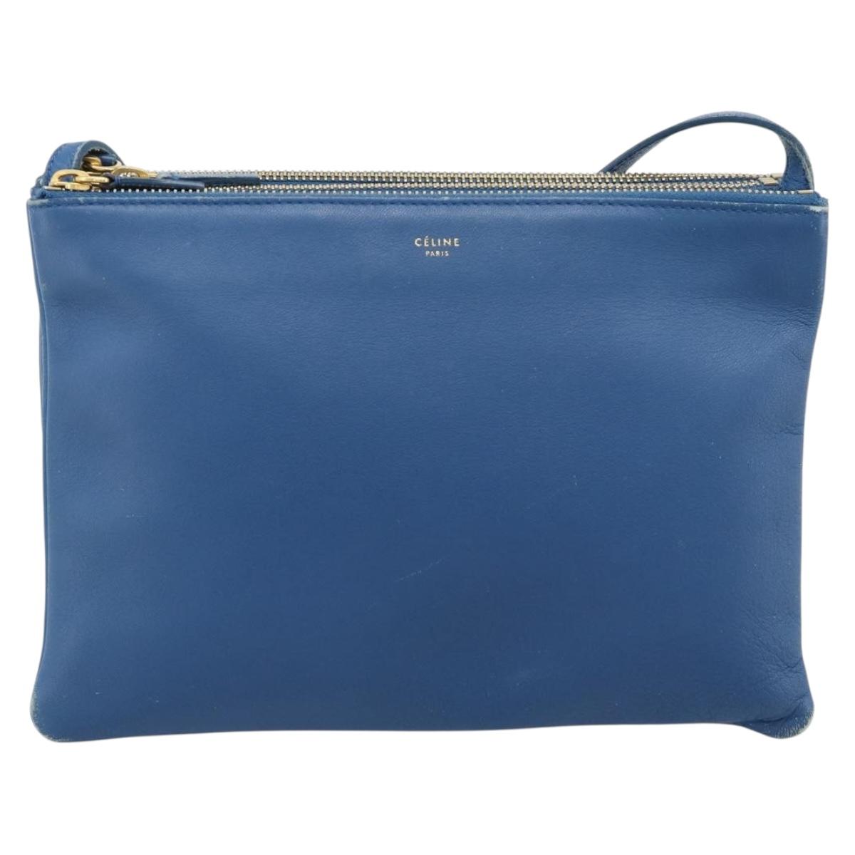 CELINE Trio Shoulder Bag Leather Blue Gold Auth 186131