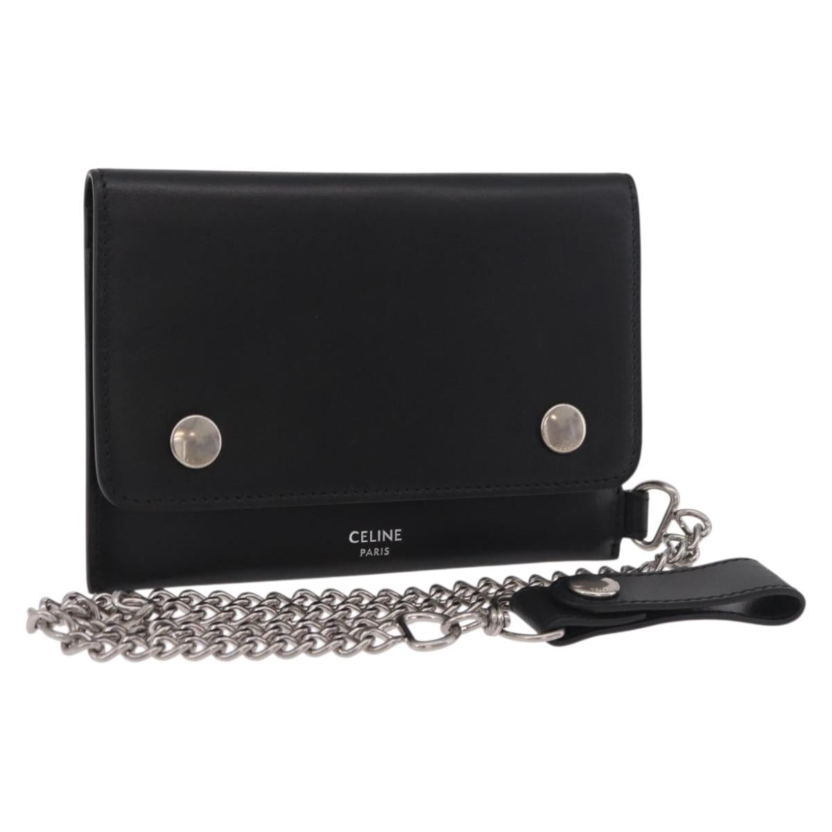 CELINE Chain Wallet Leather Black Silver Auth 186133M