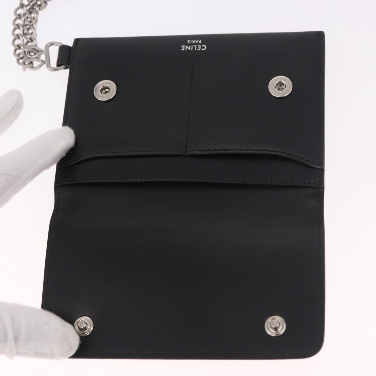 CELINE Chain Wallet Leather Black Silver Auth 186133M